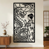 Geisha with dragon metal wall art