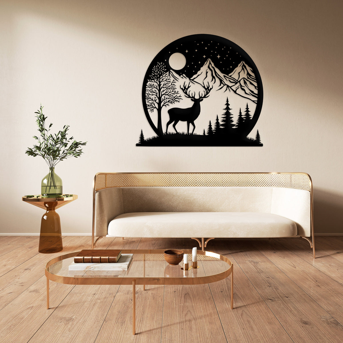 Mountain and Deer Metal Wall Art
