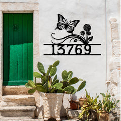 Butterfly with Flowers Custom House Number Sign
