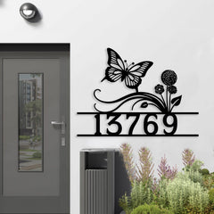 Butterfly with Flowers Custom House Number Sign