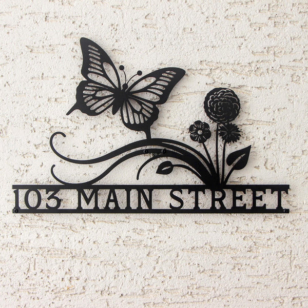 Butterfly with Flowers Custom House Number Sign