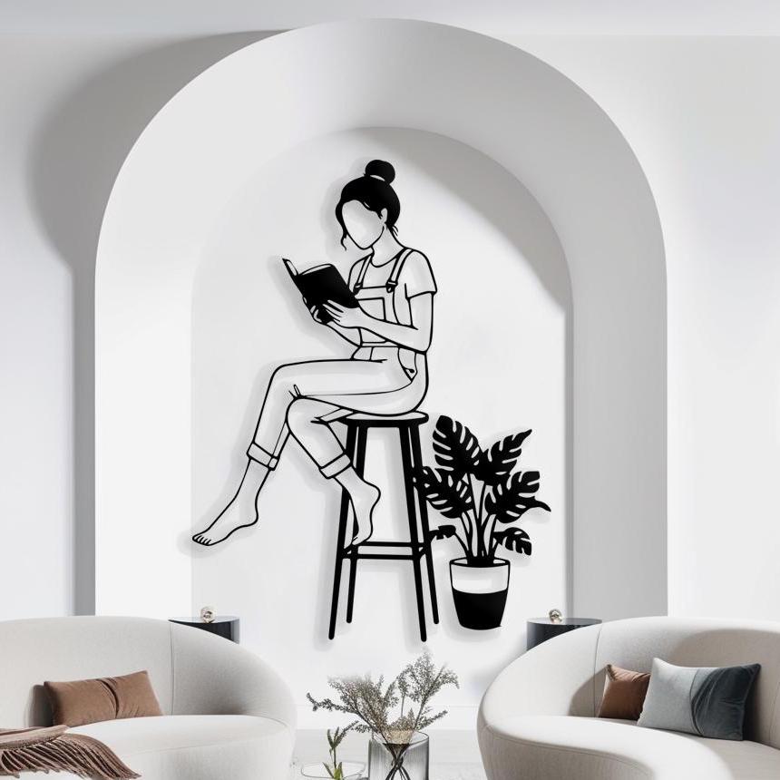 Woman Reading a Book on Chair Metal Wall Decor
