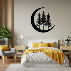 Pine Trees in Crescent Moon Metal Wall Decor