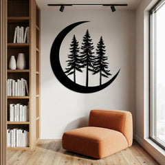 Pine Trees in Crescent Moon Metal Wall Decor