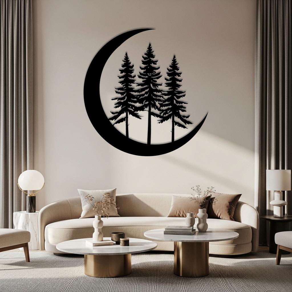 Pine Trees in Crescent Moon Metal Wall Decor