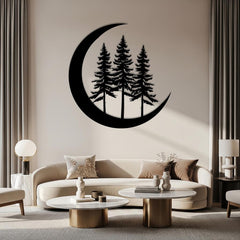 Pine Trees in Crescent Moon Metal Wall Decor