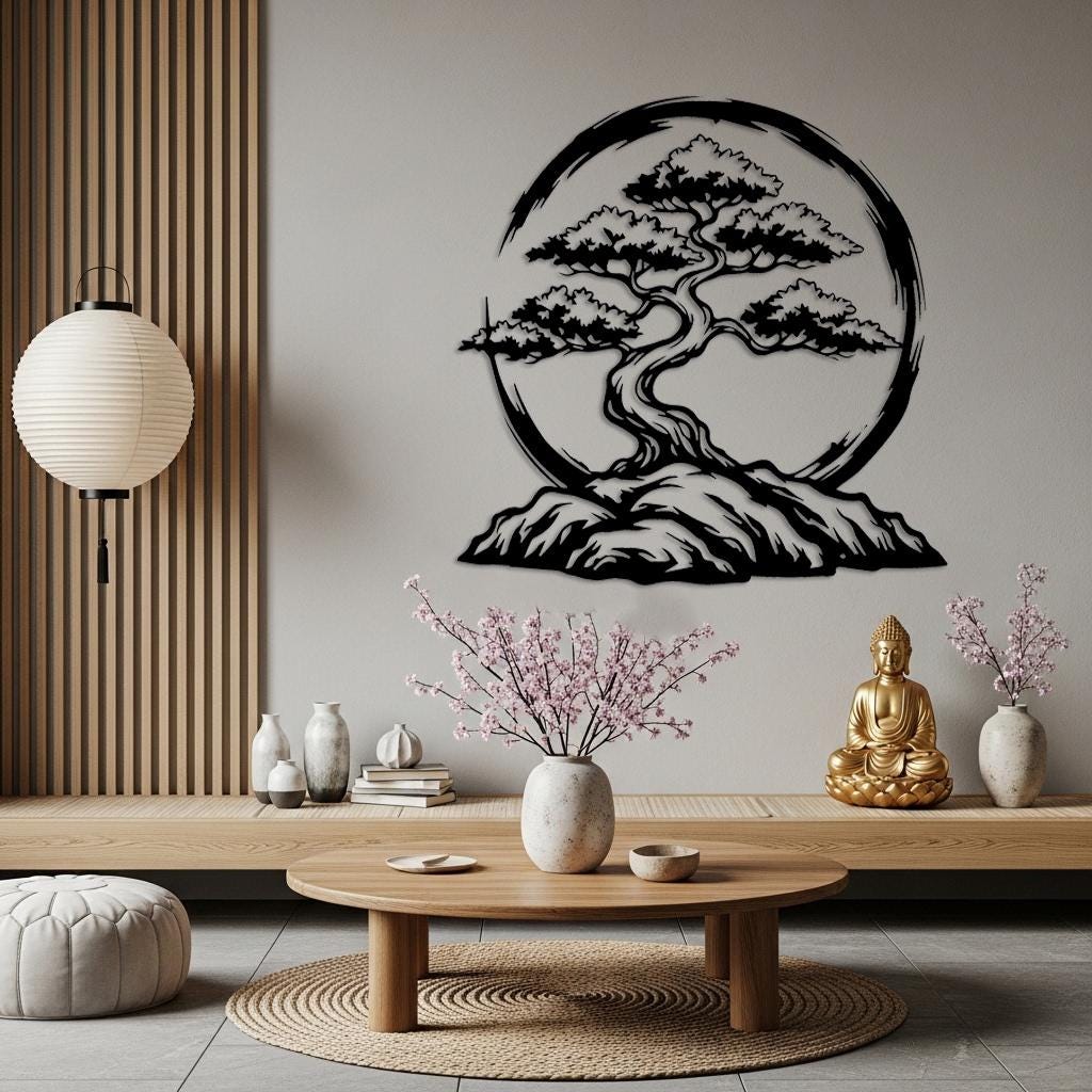 Bonsai Tree with Enso Circle Wall Art