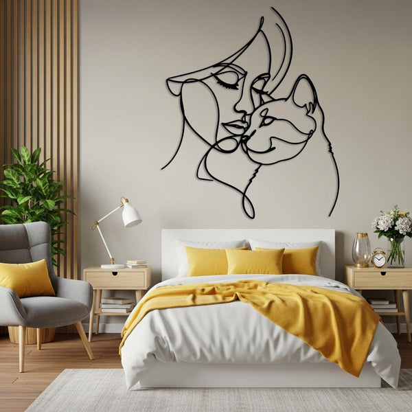 Minimalist Woman and cat Metal Wall Decor