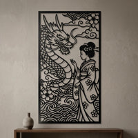 Geisha with dragon metal wall art