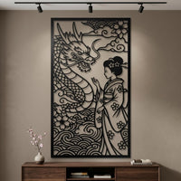 Geisha with dragon metal wall art