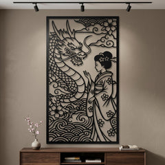 Geisha with dragon metal wall art