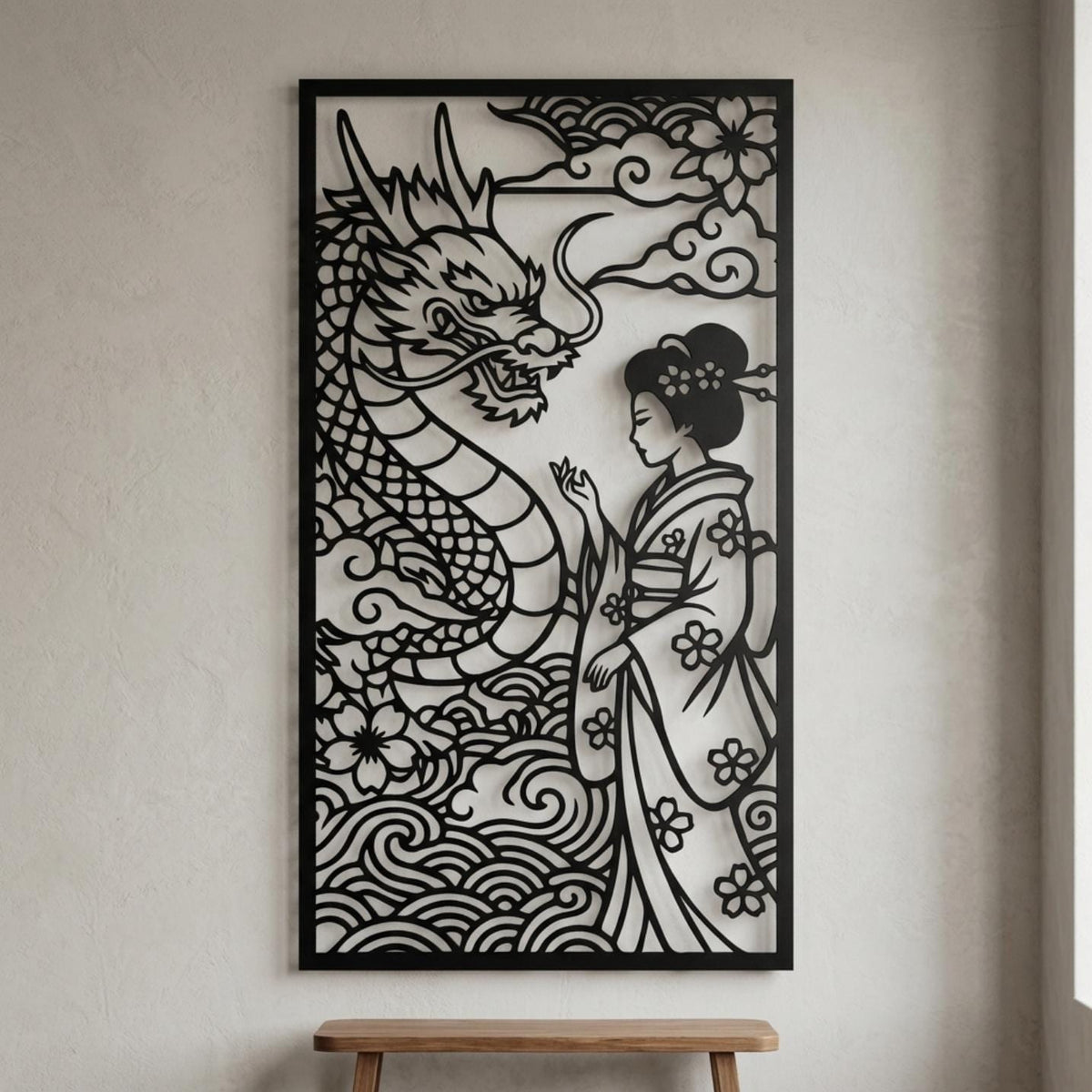 Geisha with dragon metal wall art