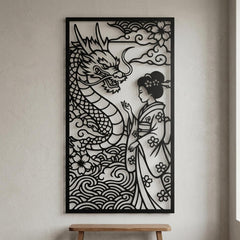 Geisha with dragon metal wall art