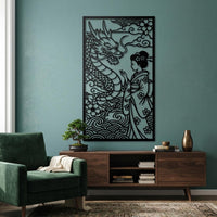 Geisha with dragon metal wall art