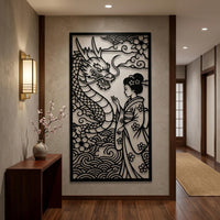 Geisha with dragon metal wall art