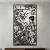 Geisha with dragon metal wall art
