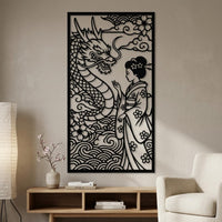 Geisha with dragon metal wall art