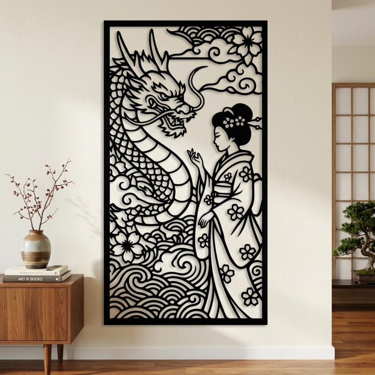 Geisha with dragon metal wall art