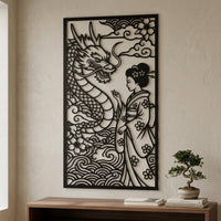 Geisha with dragon metal wall art