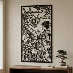 Geisha with dragon metal wall art