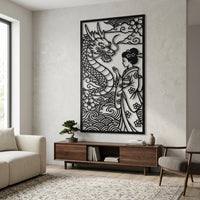 Geisha with dragon metal wall art