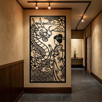 Geisha with dragon metal wall art