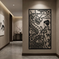 Geisha with dragon metal wall art