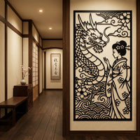 Geisha with dragon metal wall art
