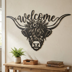 Highland Cow Metal Welcome Sign