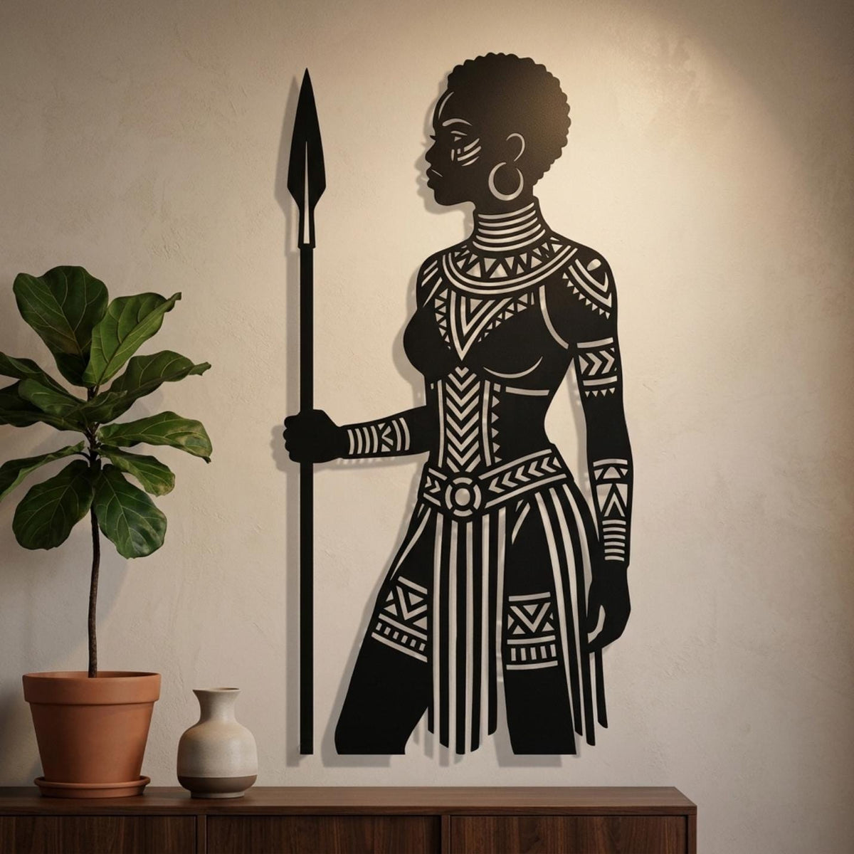 African Woman Spear Metal Wall Decor