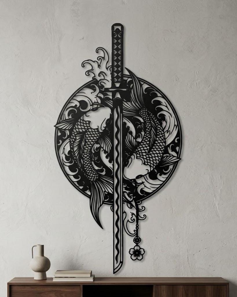 Koi fish with Sword Metal Wall Art