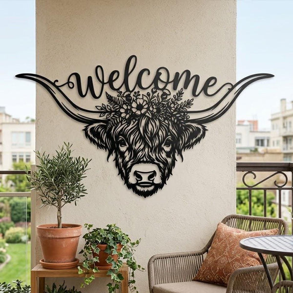 Highland Cow Metal Welcome Sign